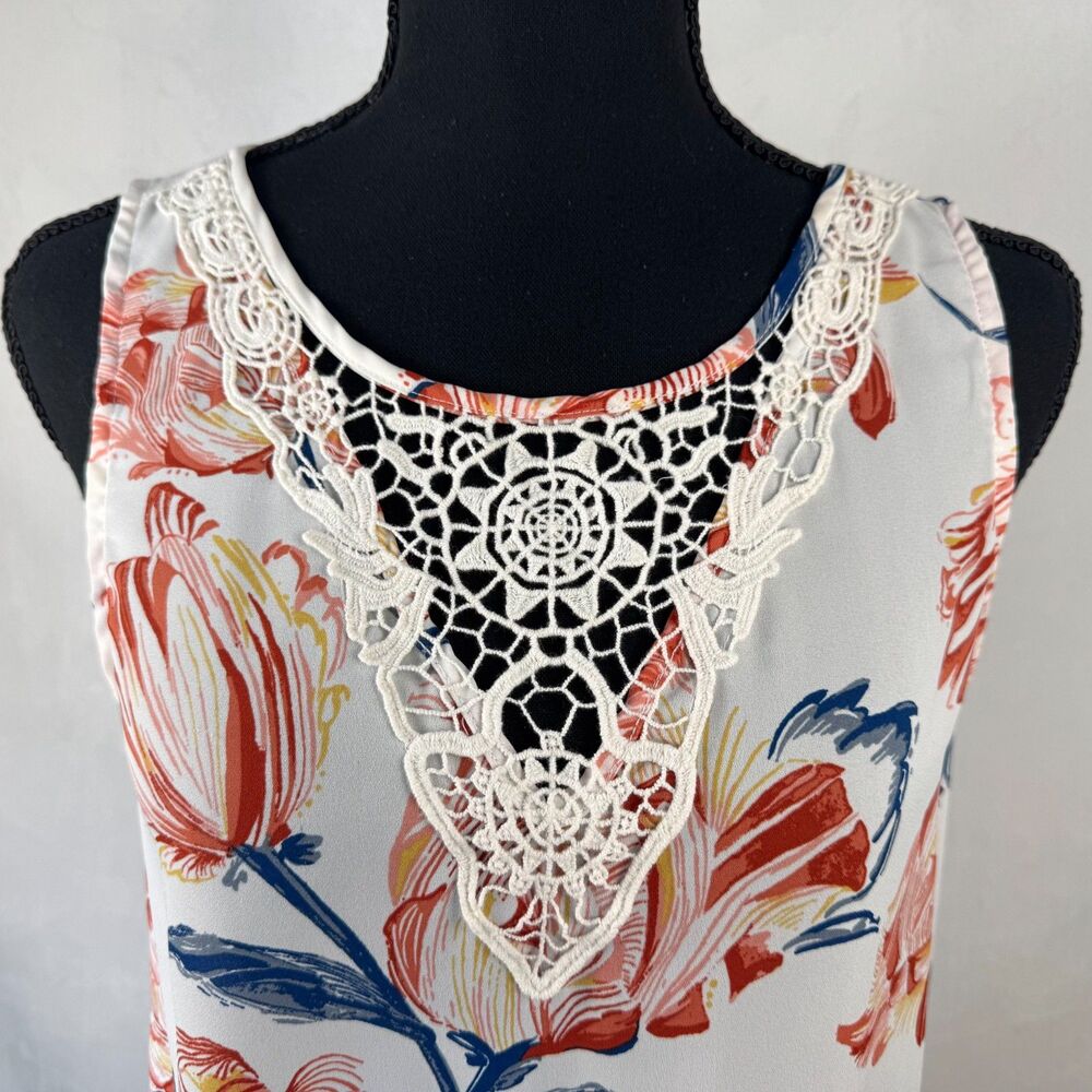 Lauren Conrad Women Sz S Ivory Tank Tunic Floral Print Crochet Neck Sleeveless - Picture 4 of 7